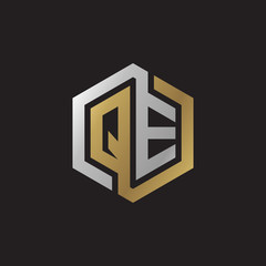 Initial letter QE, looping line, hexagon shape logo, silver gold color on black background