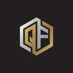 Initial letter QF, looping line, hexagon shape logo, silver gold color on black background