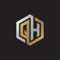 Initial letter QH, looping line, hexagon shape logo, silver gold color on black background