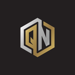 Initial letter QN, looping line, hexagon shape logo, silver gold color on black background
