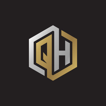 Initial letter QH, looping line, hexagon shape logo, silver gold color on black background