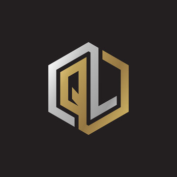 Initial letter QL, looping line, hexagon shape logo, silver gold color on black background