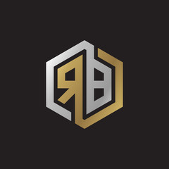 Initial letter RB, looping line, hexagon shape logo, silver gold color on black background