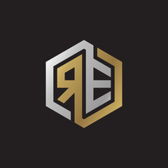 Initial letter RE, looping line, hexagon shape logo, silver gold color on black background