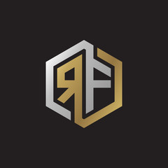 Initial letter RF, looping line, hexagon shape logo, silver gold color on black background