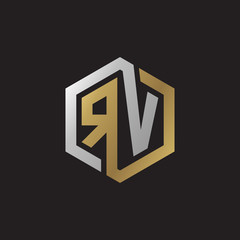 Initial letter RV, looping line, hexagon shape logo, silver gold color on black background