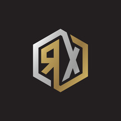 Initial letter RX, looping line, hexagon shape logo, silver gold color on black background