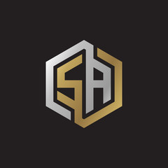 Initial letter SA, looping line, hexagon shape logo, silver gold color on black background