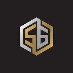 Initial letter SG, looping line, hexagon shape logo, silver gold color on black background