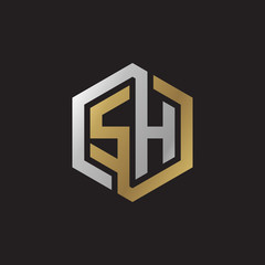 Initial letter SH, looping line, hexagon shape logo, silver gold color on black background
