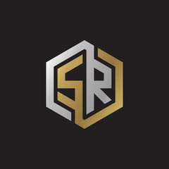 Obraz premium Initial letter SR, looping line, hexagon shape logo, silver gold color on black background