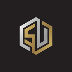 Initial letter SU, looping line, hexagon shape logo, silver gold color on black background