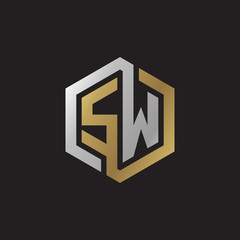 Initial letter SW, looping line, hexagon shape logo, silver gold color on black background
