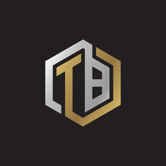 Initial letter TB, looping line, hexagon shape logo, silver gold color on black background