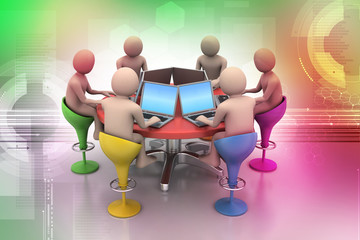 3d people around a table looking at laptops