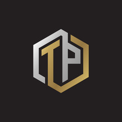 Initial letter TP, looping line, hexagon shape logo, silver gold color on black background