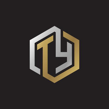 Initial letter TY, looping line, hexagon shape logo, silver gold color on black background