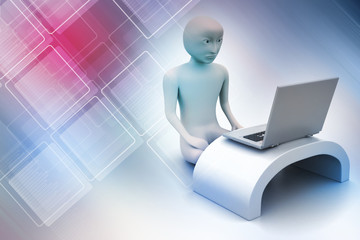 3d man in meditation with laptop