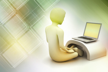 3d man in meditation with laptop