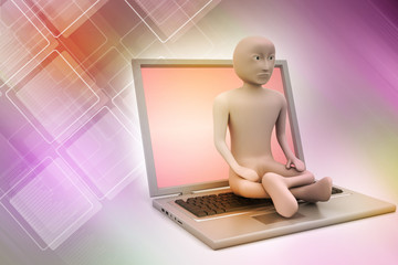 3d man in meditation with laptop