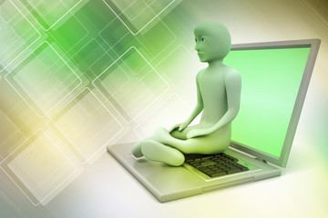 3d man in meditation with laptop