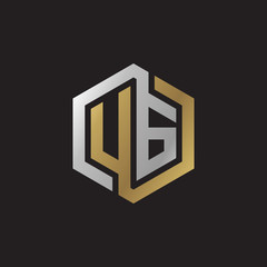 Initial letter UG, looping line, hexagon shape logo, silver gold color on black background