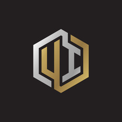 Initial letter UI, looping line, hexagon shape logo, silver gold color on black background