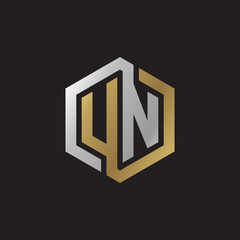 Initial letter UN, looping line, hexagon shape logo, silver gold color on black background