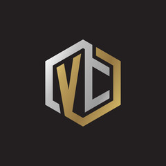 Initial letter VC, looping line, hexagon shape logo, silver gold color on black background