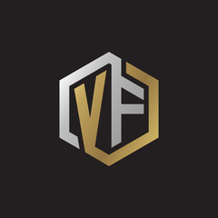 Initial letter VF, looping line, hexagon shape logo, silver gold color on black background