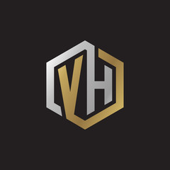 Initial letter VH, looping line, hexagon shape logo, silver gold color on black background