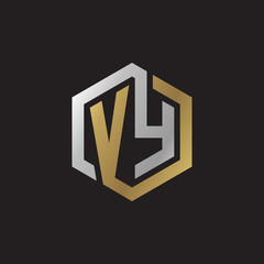 Initial letter VY, looping line, hexagon shape logo, silver gold color on black background