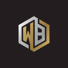 Initial letter WB, looping line, hexagon shape logo, silver gold color on black background