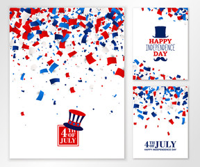American Happy Independence Day banners set. 4th July festive greeting cards with scattered papers, top hat, mustache, star in traditional American colors - red, white, blue. All isolated and layered