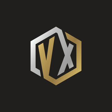 Initial letter VX, looping line, hexagon shape logo, silver gold color on black background
