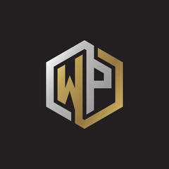Initial letter WP, looping line, hexagon shape logo, silver gold color on black background