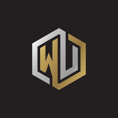 Initial letter WU, looping line, hexagon shape logo, silver gold color on black background