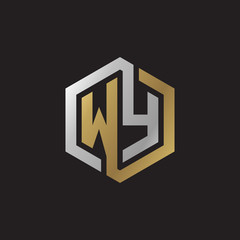 Initial letter WY, looping line, hexagon shape logo, silver gold color on black background