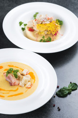 Complex dinner. Good serving of couscous cousins with meat and vegetables