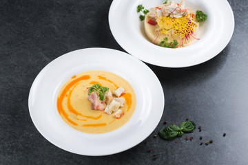 Complex dinner. Good serving of couscous cousins with meat and vegetables