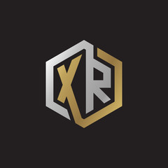 Obraz premium Initial letter XR, looping line, hexagon shape logo, silver gold color on black background
