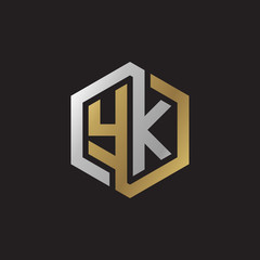 Initial letter YK, looping line, hexagon shape logo, silver gold color on black background