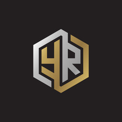 Initial letter YR, looping line, hexagon shape logo, silver gold color on black background