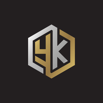 recommend clip art: Initial letter YK, looping line, hexagon shape logo, silver gold color on black background