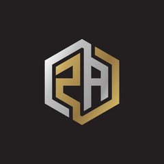Initial letter ZA, looping line, hexagon shape logo, silver gold color on black background - obrazy, fototapety, plakaty