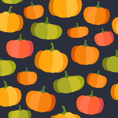 Colorful vector seamless pattern with pumpkins on a black background. Flat illustration.