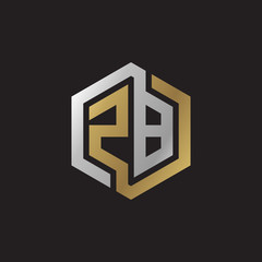 Initial letter ZB, looping line, hexagon shape logo, silver gold color on black background