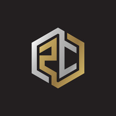Initial letter ZC, looping line, hexagon shape logo, silver gold color on black background
