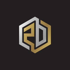 Initial letter ZD, ZO, looping line, hexagon shape logo, silver gold color on black background