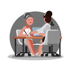 Old woman signs papers in bank